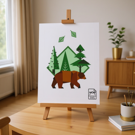 Illustration vectorielle d’un grizzli brun dans la forêt, avec arbres verts et montagnes, sur fond blanc, style collage géométri
