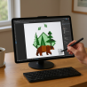 Illustration vectorielle d’un ours brun au centre, entouré d’arbres verts sur une tablette affichant un logiciel de dessin, styl
