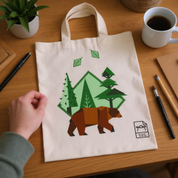 Sac en toile imprimé illustration vectorielle d’un ours brun au milieu d’arbres verts et de montagnes, sur une table avec écran