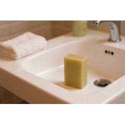 Coussin renard en forme de proue carrée posé dans un lavabo, savon jaune à côté et serviette blanche au fond.