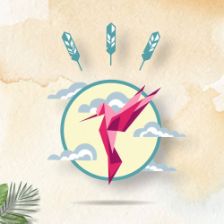 Illustration vectorielle d’un colibri rose géométrique émergeant d’un cercle jaune cerclé en bleu, entouré de nuages et d’épis d