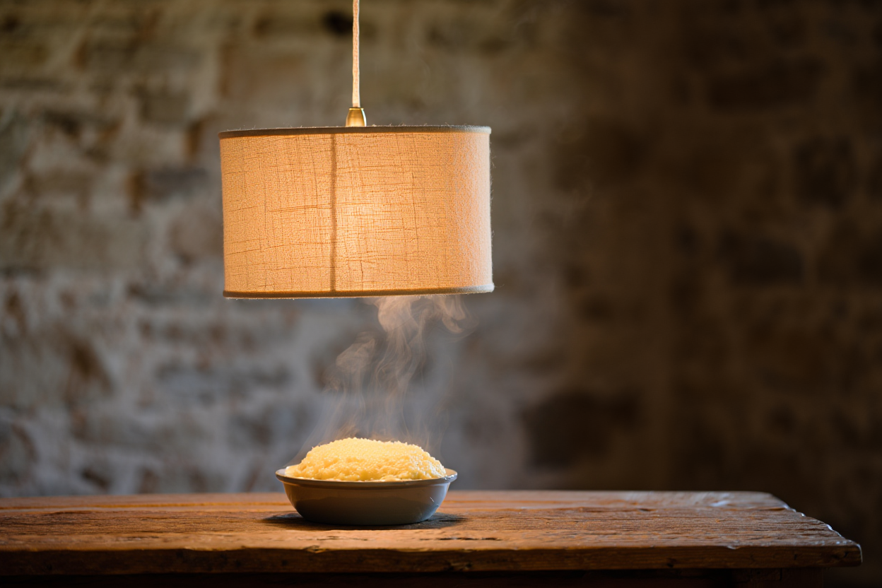 Bol de riz fumant sous une lampe suspendue, sur une table en bois dans un décor de restaurant. restaurant aveyron ouvert le dimanche.