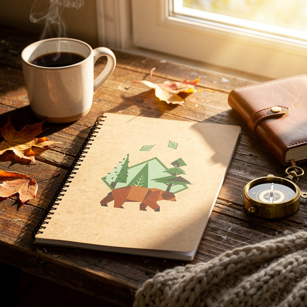 Carnet à spiral avec illustration nature (arbres et animal), café fumant, feuille d’automne, boussole et porte-monnaie sur une table en bois. 3 types de maintenance évoqué.
