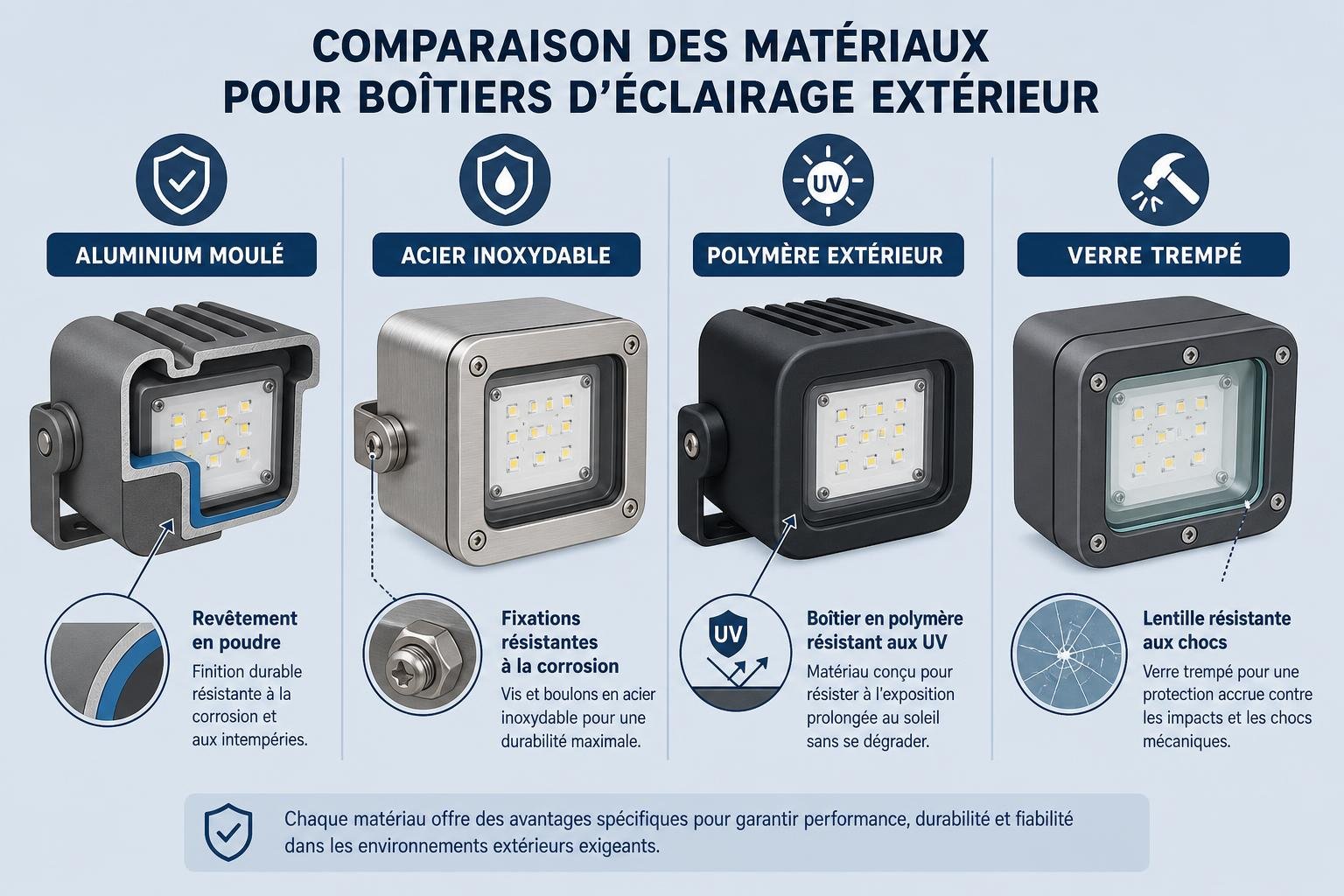 Comparaison des matériaux pour boîtiers d’éclairage extérieur montrant aluminium moulé, acier inoxydable, polymère extérieur et verre trempé, avec mises en avant des protections et des indices IP, adapté à comment protéger les luminaires de la pluie