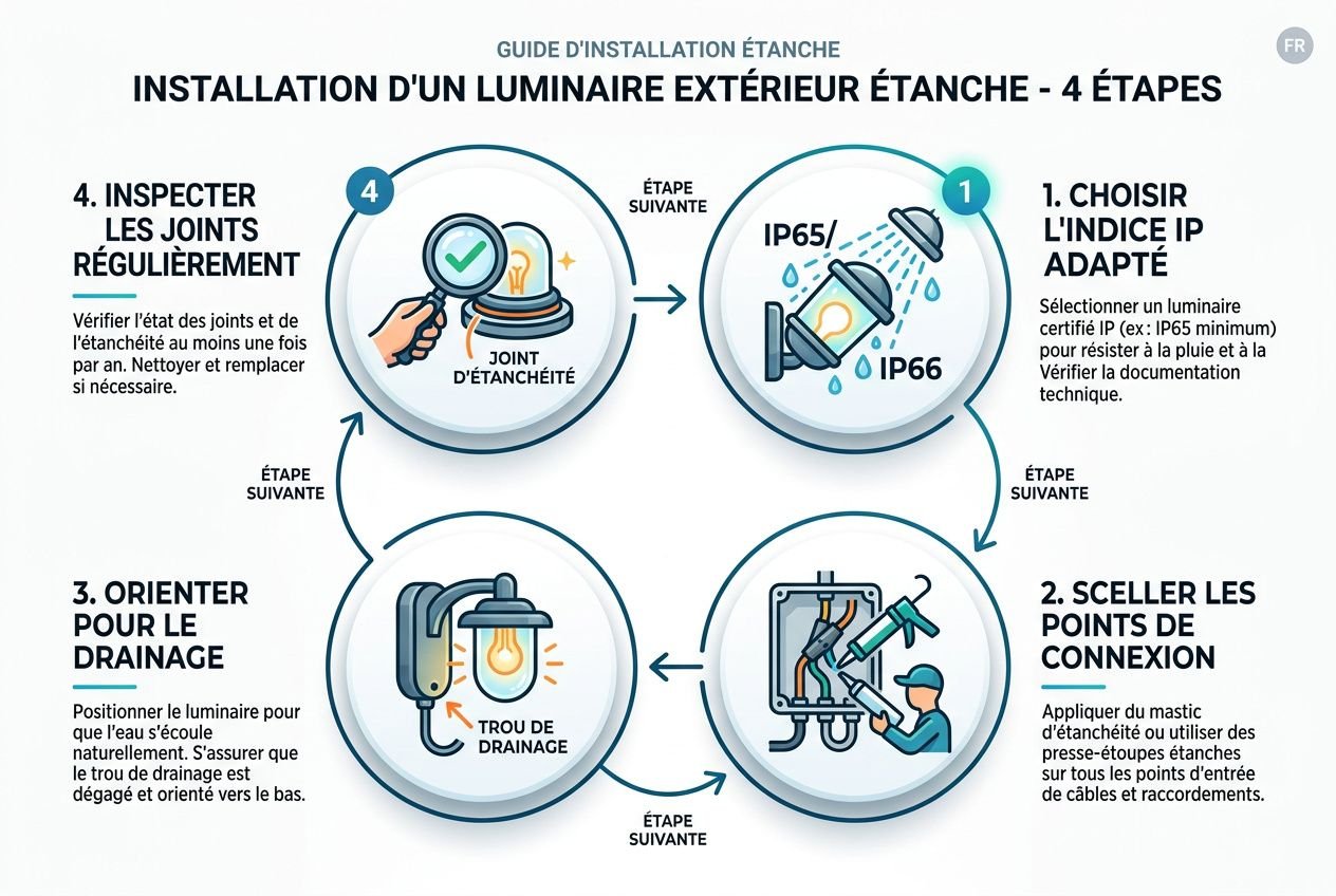 Guide d’installation étanche pour luminaire extérieur: choix IP, joints, scellement et drainages pour protéger les luminaires de la pluie et des intempéries.