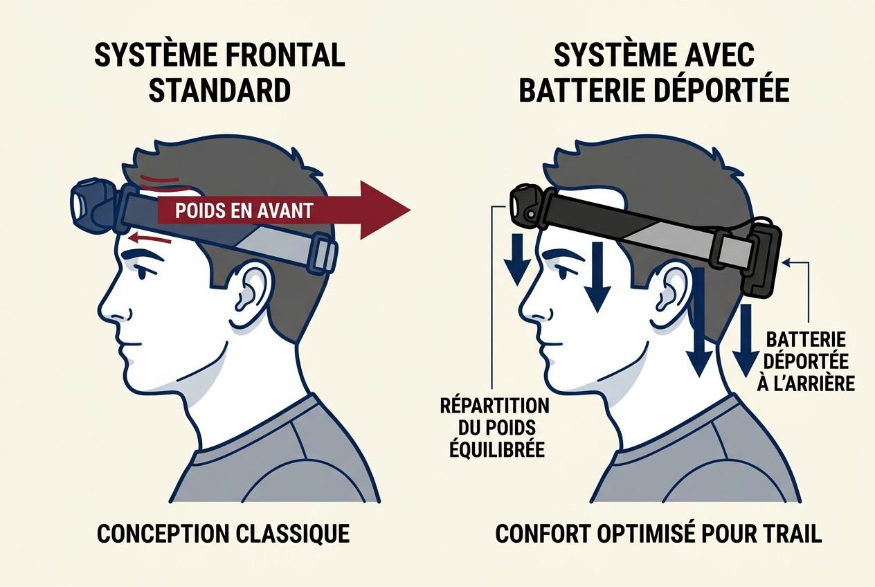 Schéma illustrant deux systèmes de lampe frontale : orientation et équilibre avec ou sans batterie déportée, pour un confort optimisé en trail. lampe pour le trail intégré.